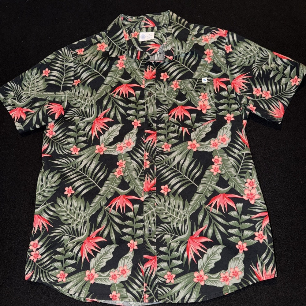 Hurley Botanical Birds Of Paradise Button Shirt Short Sleeve Black Floral Mens S